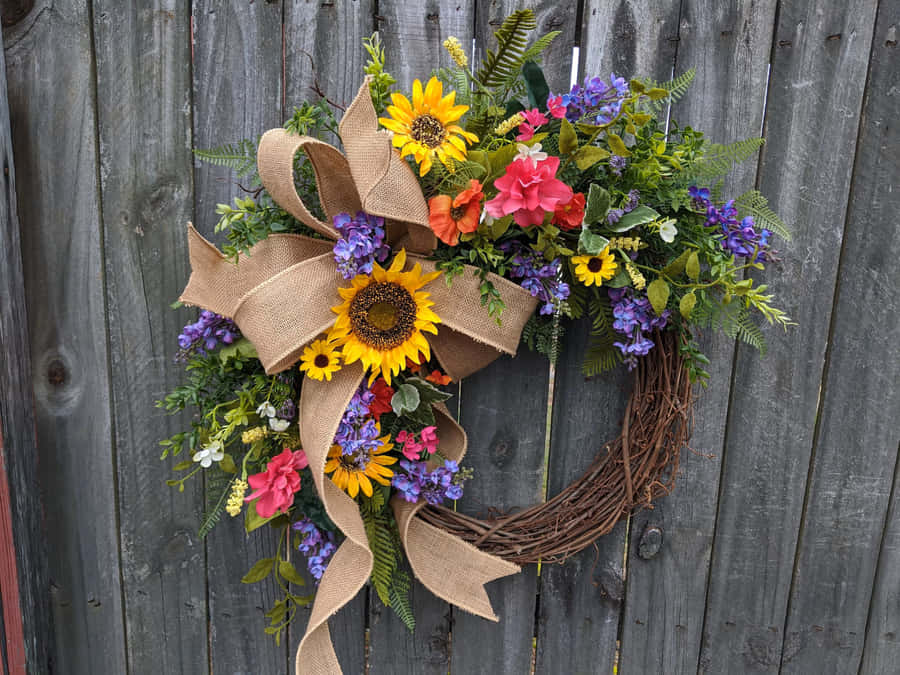 Beautiful Spring Wreath On A Rustic Wooden Door Wallpaper