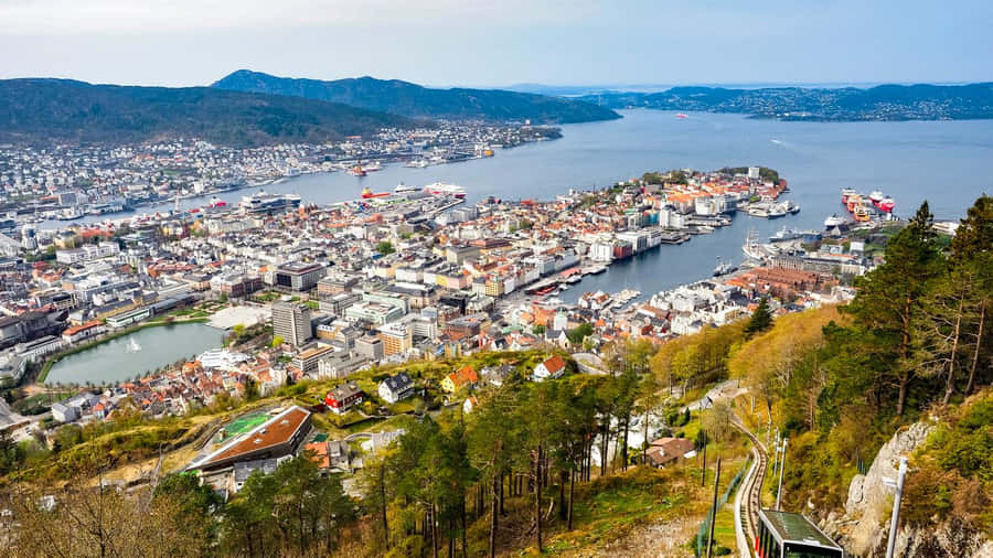 Bergen Cityscapeand Harbor Aerial View Wallpaper