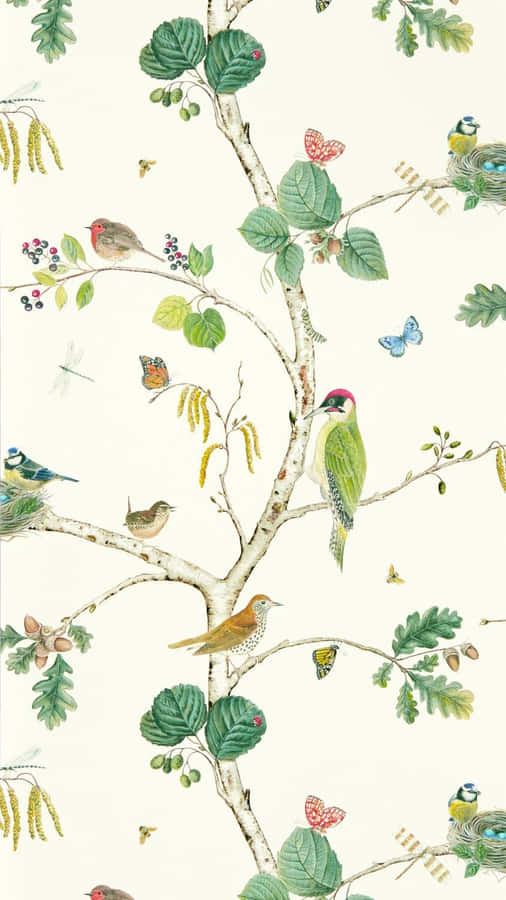 Birdsand Butterflies Nature Pattern Wallpaper