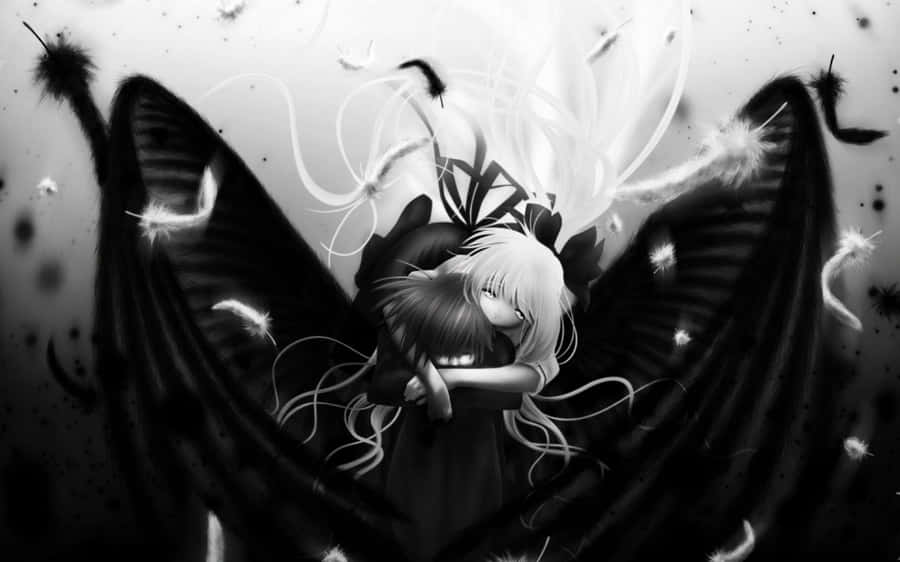 Black And White Anime Girl Wings Wallpaper