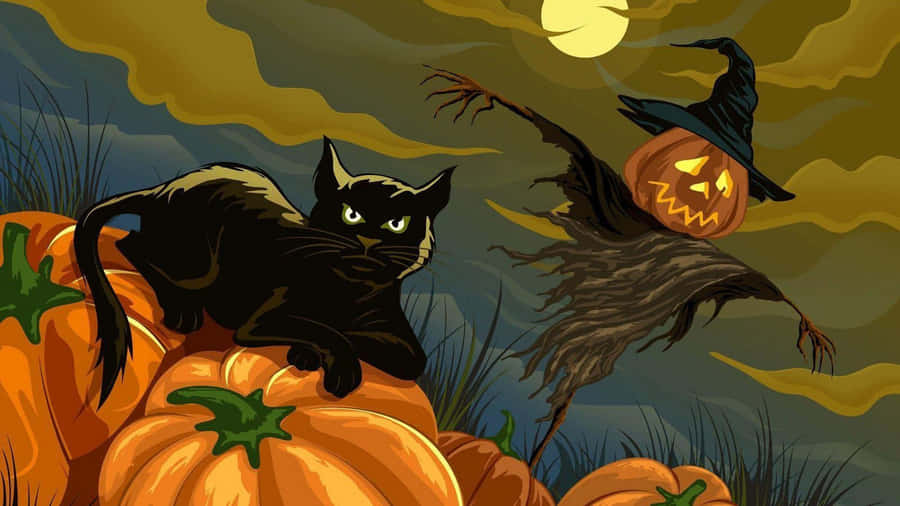Black Catand Pumpkin Halloween Scene Wallpaper