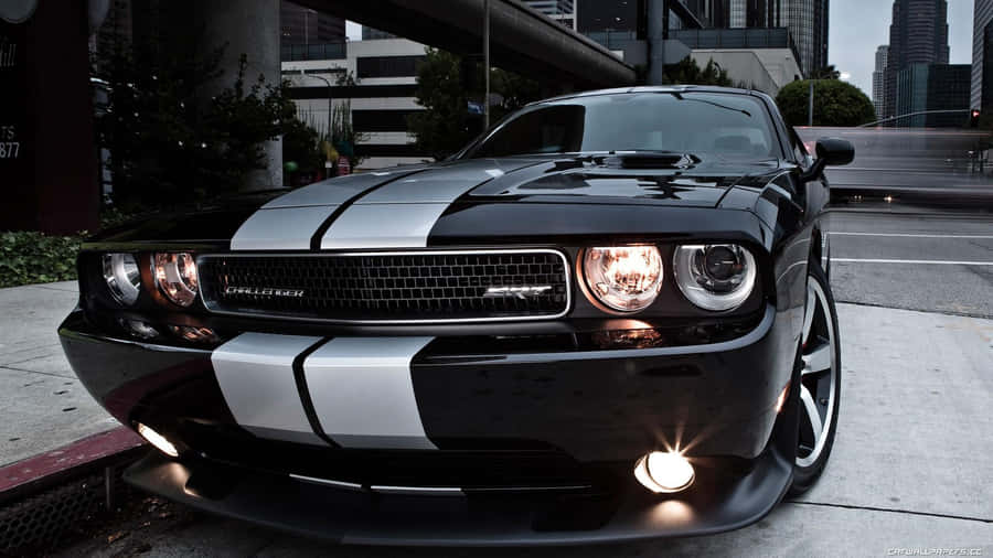Black Dodge Challenger Urban Backdrop Wallpaper