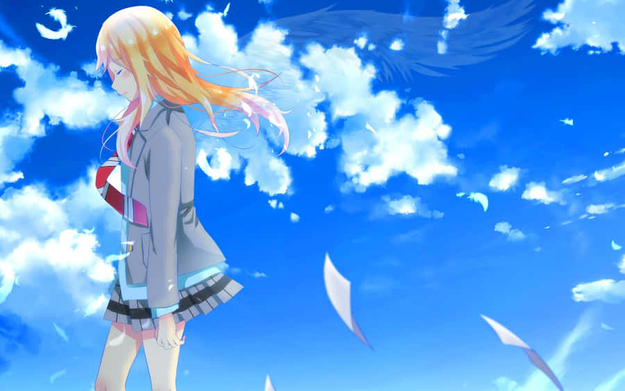 Blonde Anime Girl Walking Under Blue Sky Wallpaper