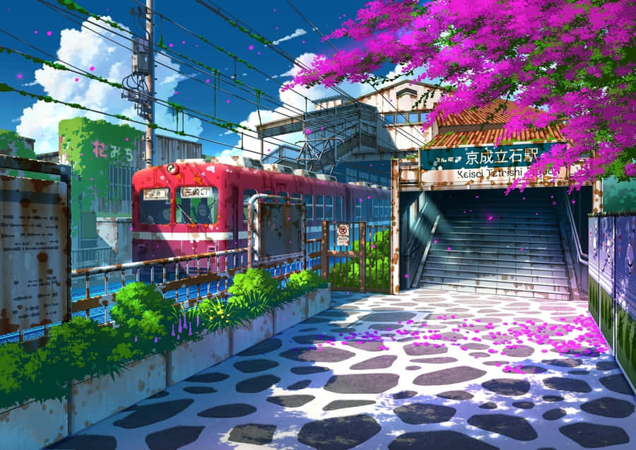 Blossoming Train Station Anime Artwork Wallpaper