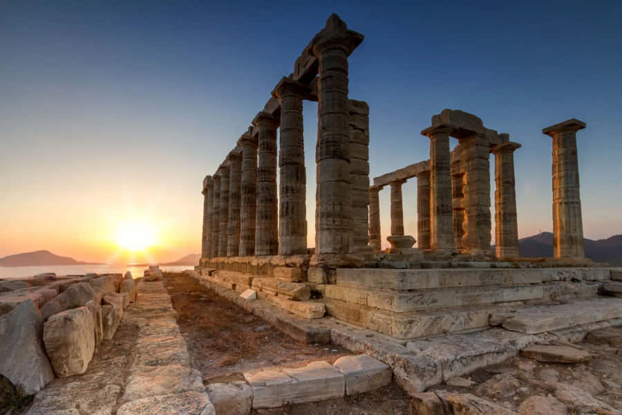 Blue And Orange Sunset Sounion Wallpaper