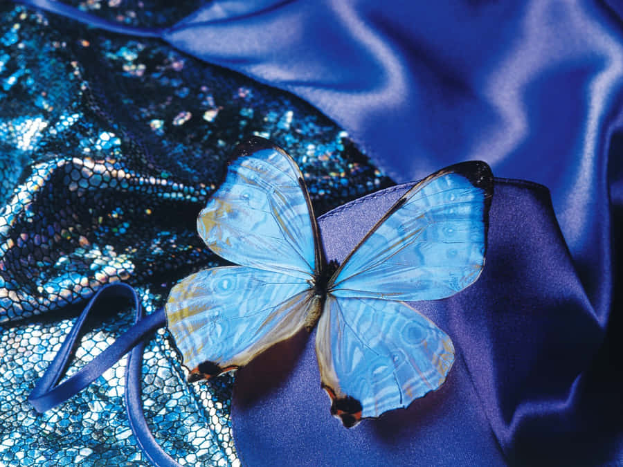 Blue Butterflyon Sequin Fabric Wallpaper