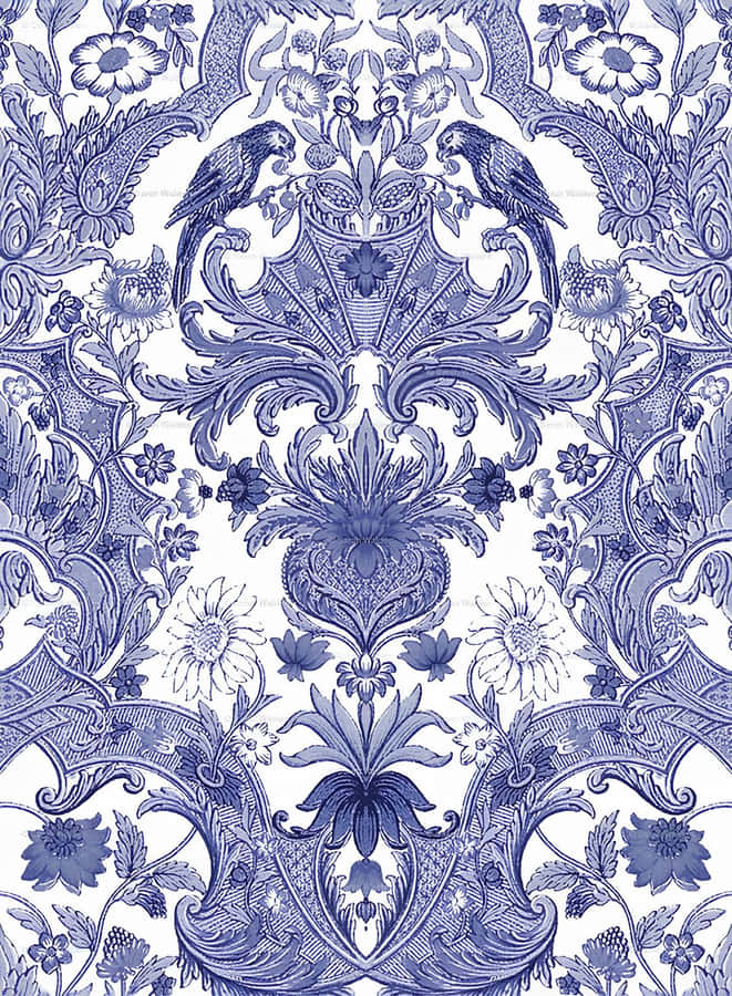 Blue Damask Patternwith Birds Wallpaper