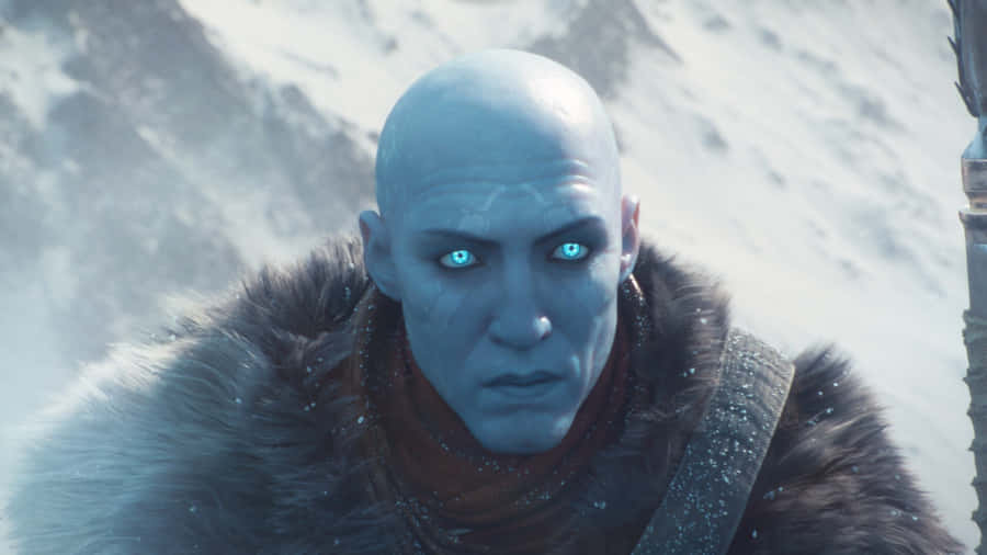 Blue Eyed Bald Character Snowy Backdrop.jpg Wallpaper