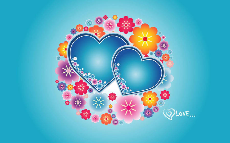 Blue Love Hearts Floral Wallpaper