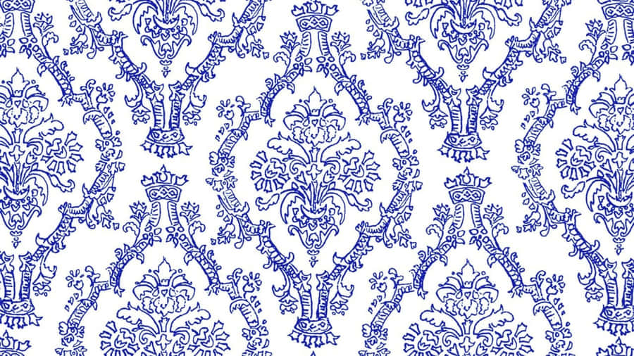 Blue White Damask Pattern Wallpaper