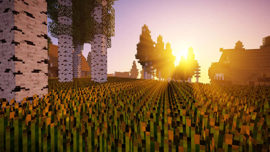 Breathtaking Skyline At Sunset In The World Of Minecraft Wallpaper
