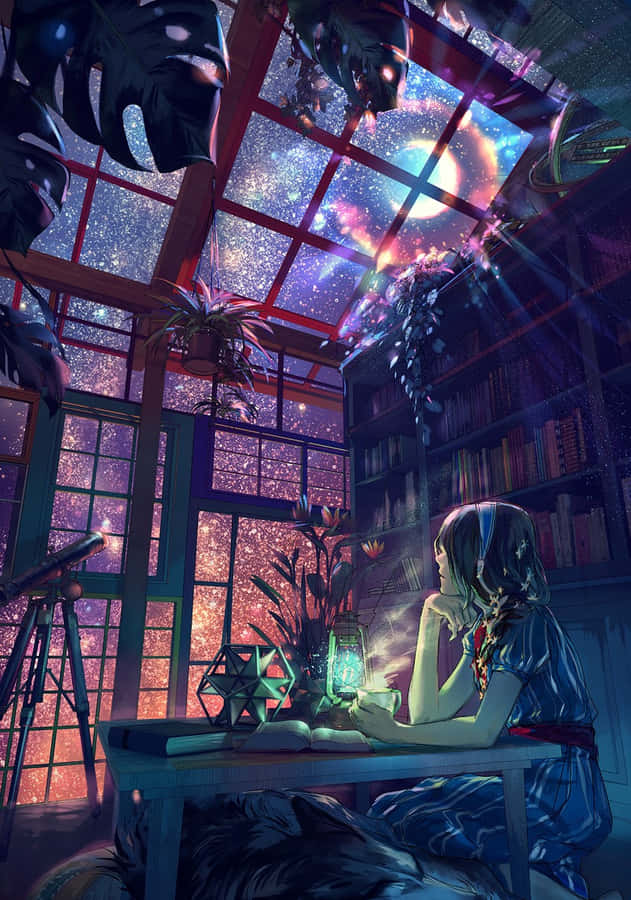 Bright Anime Girl Thinking Night Sky Wallpaper