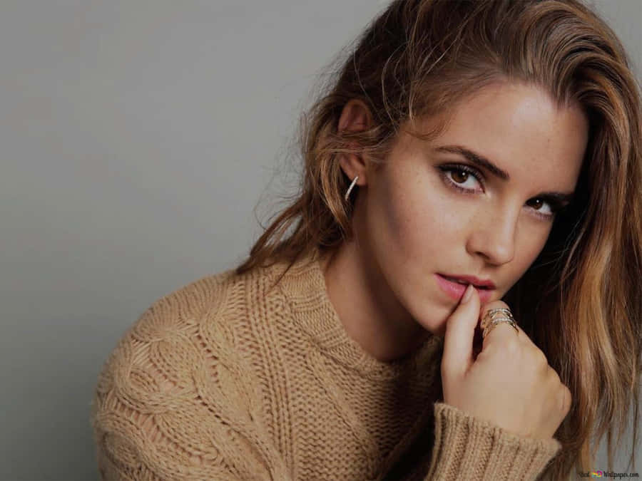 British Actress Emma Watson Brown Knit Sweater Wallpaper