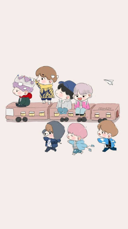 Bts Cartoon With Train Wallpaper