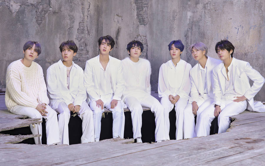 Bts Group Photo In Damaged Floor Wallpaper