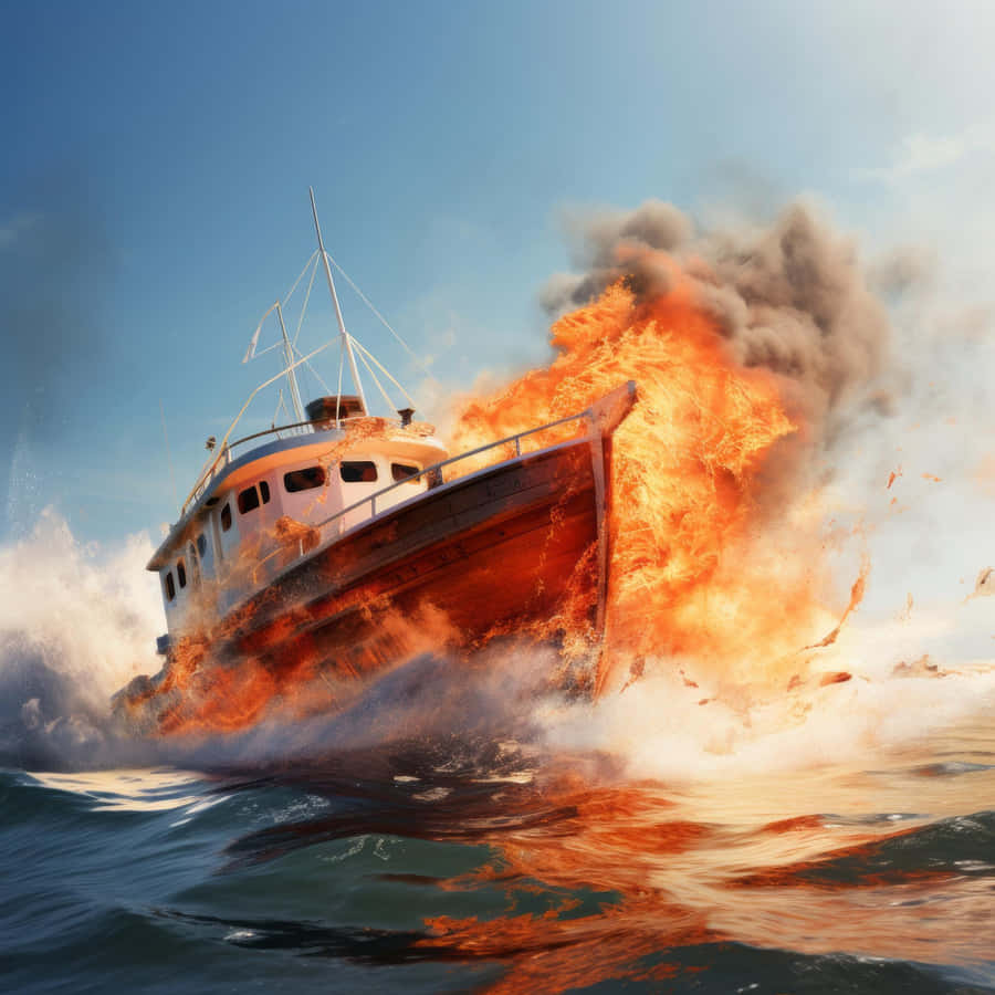 Burning Boatat Sea Wallpaper