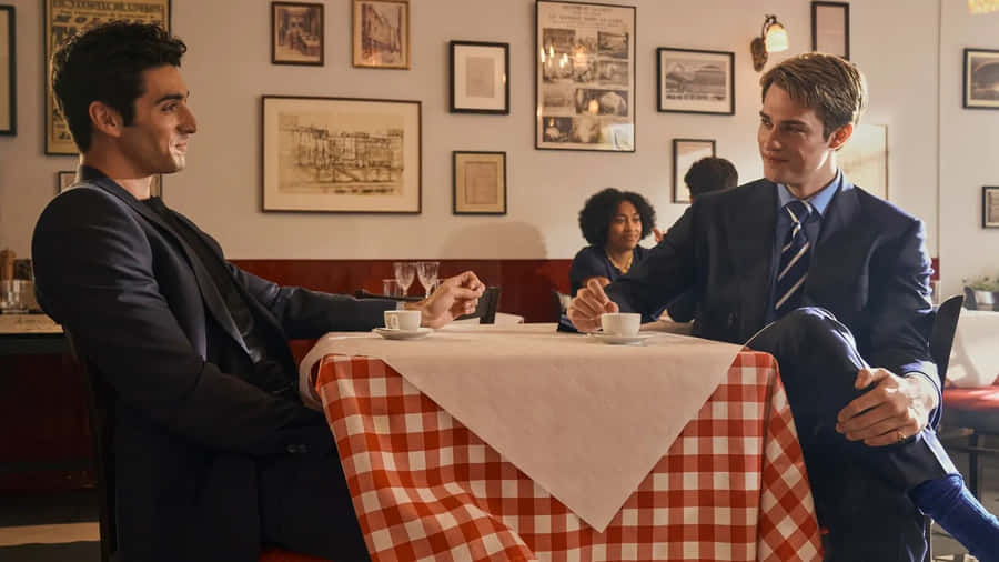 Cafe Conversation Two Men Wallpaper