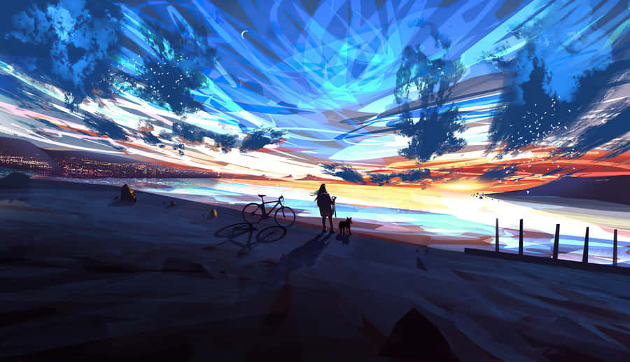 Calm Anime Facing The Sea Wallpaper