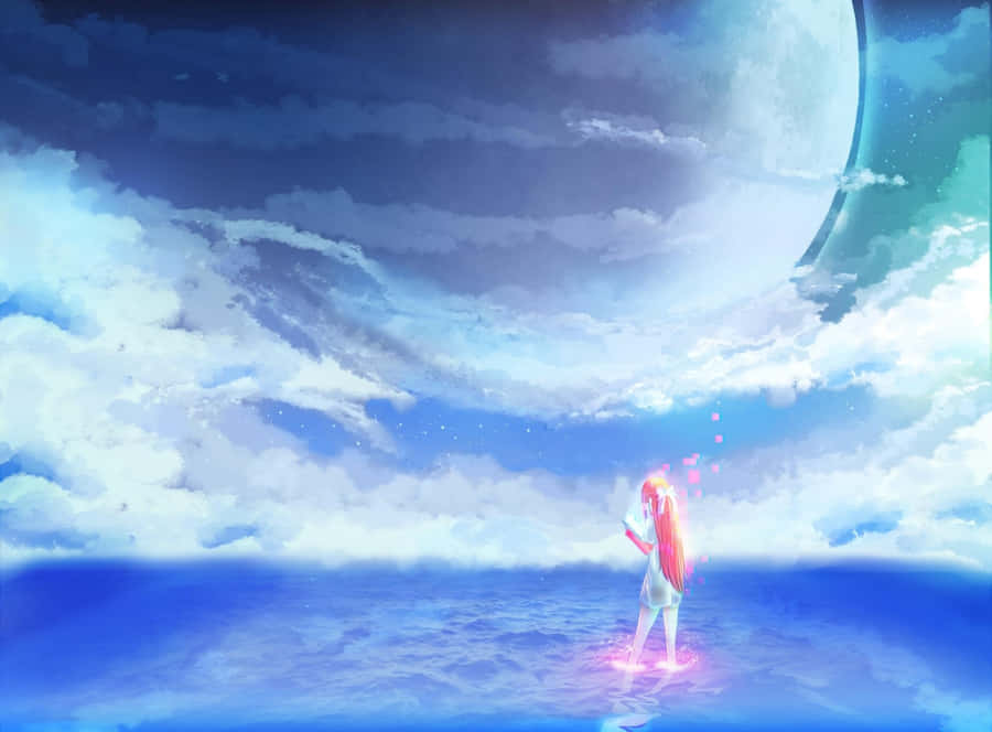 Calm Anime Scenery Big Moon Wallpaper