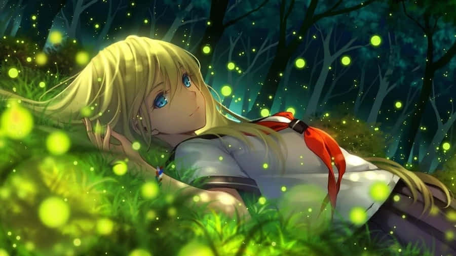 Calmly Lying Girl Green Fireflies Wallpaper