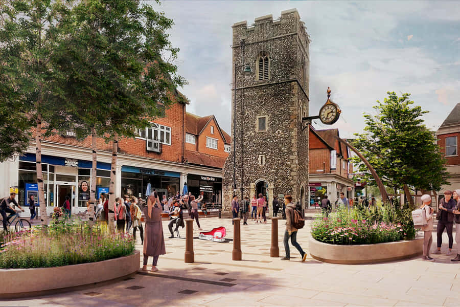 Canterbury City Center Bustling Daytime Wallpaper