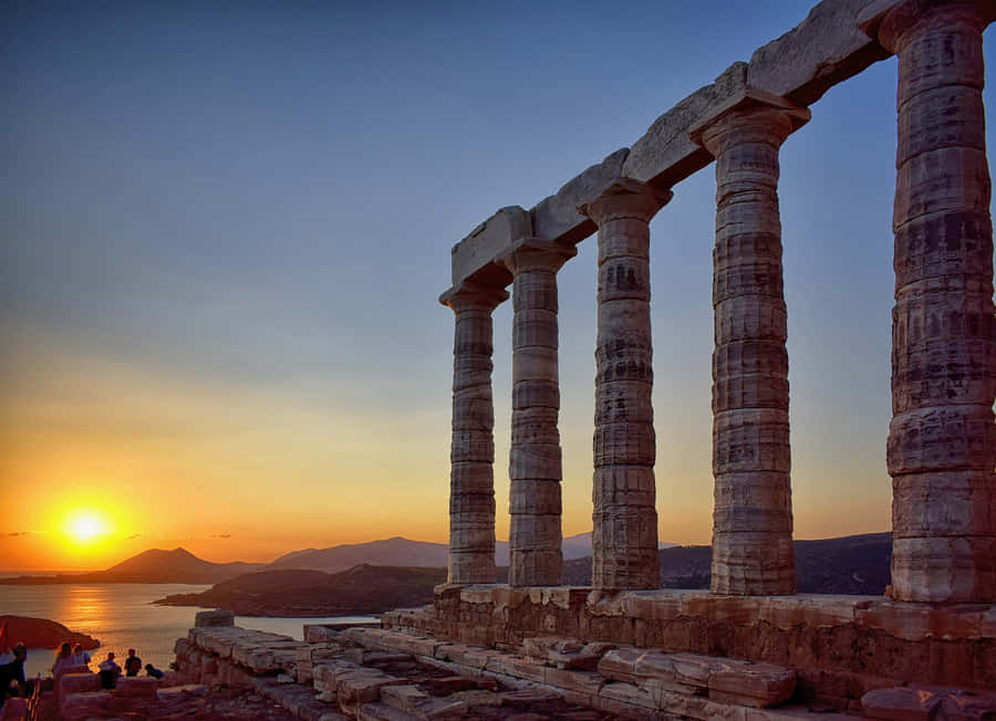 Cape Sounion Ruins Orange Blue Wallpaper