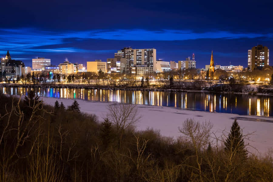 Caption: Dusk Overlooking Downtown Saskatoon Wallpaper