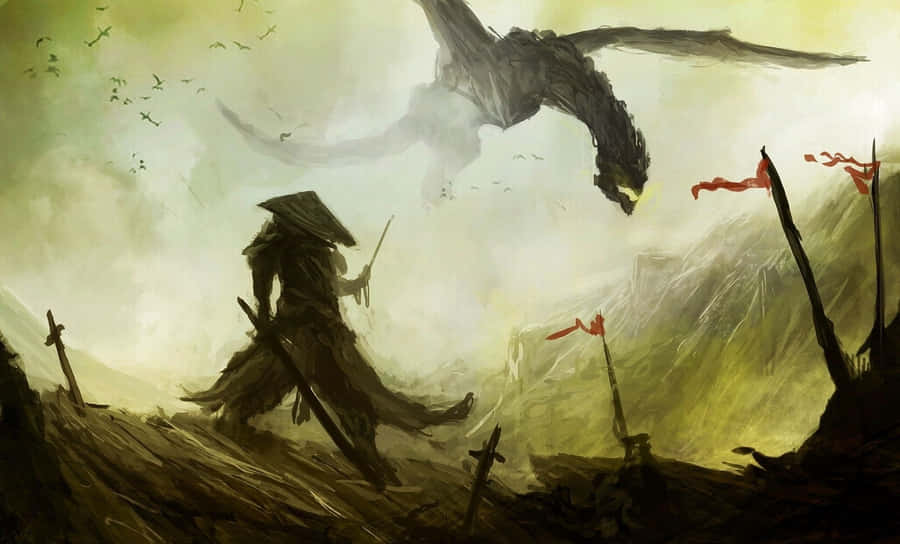 Caption: Intense Samurai Dragon Standoff Wallpaper