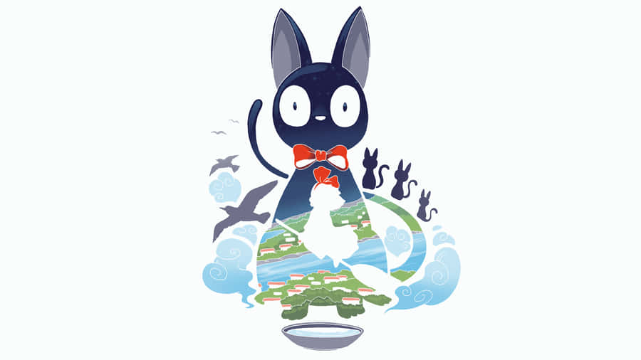 Caption: Kiki Flying On Her Broomstick With Jiji And A Beautiful City Backdrop Wallpaper