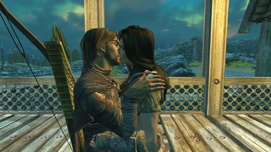 Caption: Lydia Standing Beside The Dragonborn In An Epic Skyrim Landscape Wallpaper