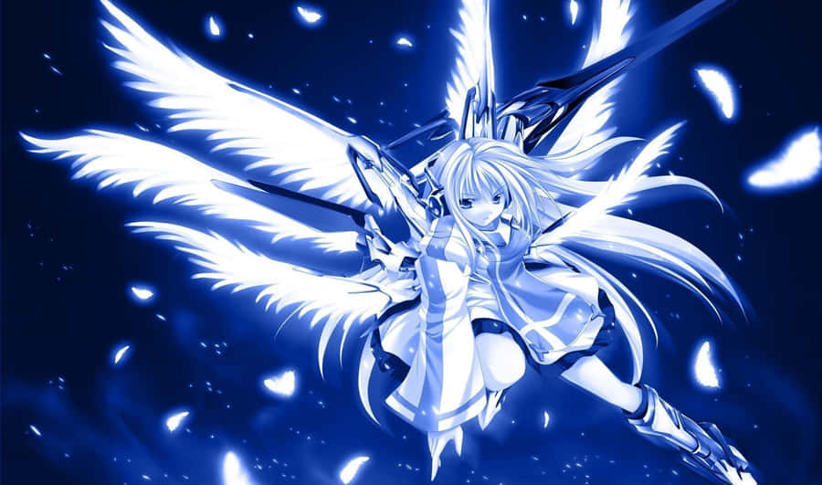 Caption: Majestic Blue Anime Warrior Angel In Action Wallpaper