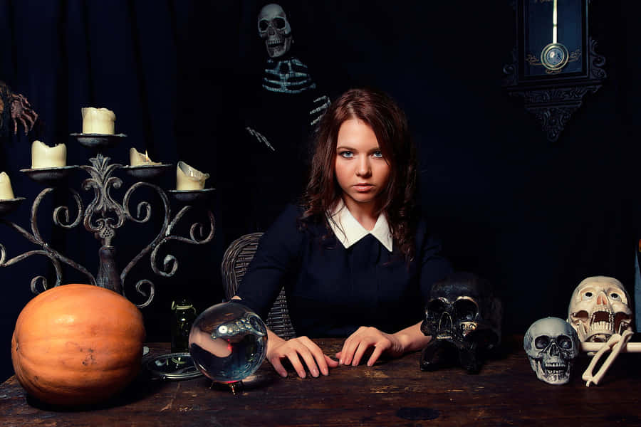 Caption: Mysterious Fortune Teller In A Candlelit Atmosphere Wallpaper