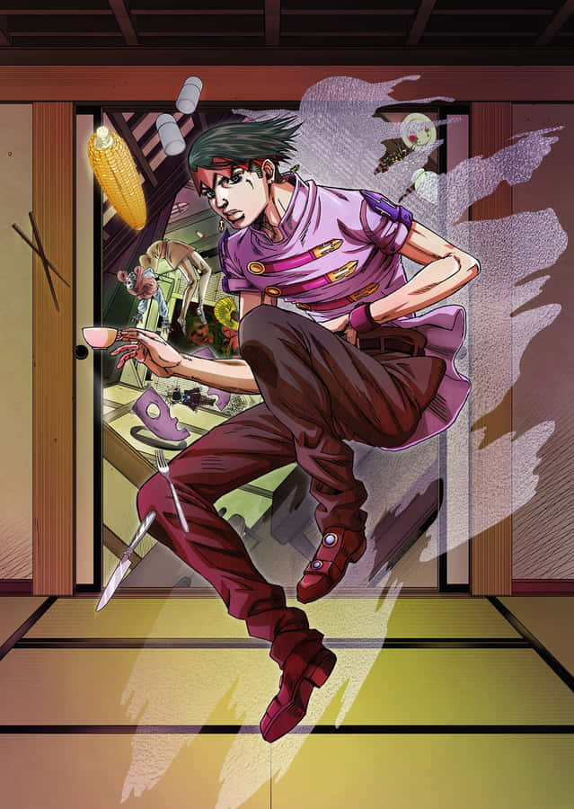 Caption: Rohan Kishibe Striking A Pose In His Distinctive Attire Wallpaper