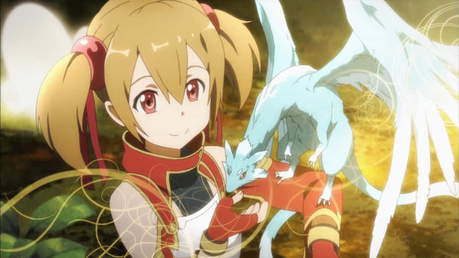 Caption: Sword Art Online's Silica In Action With Her Dragon Pina Wallpaper