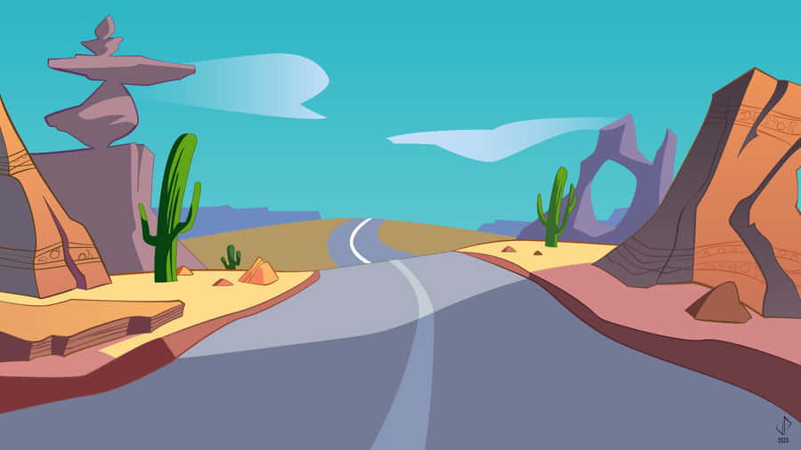 Cartoon Desert Road Scene Wallpaper