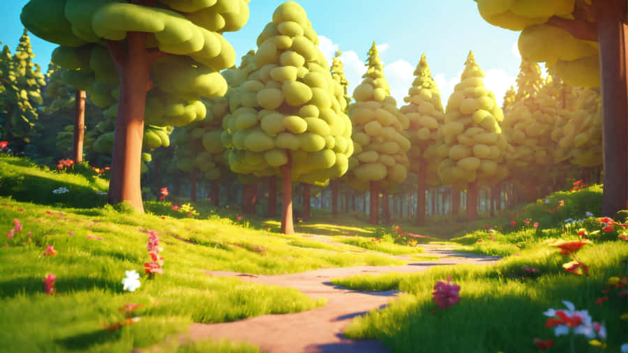 Cartoon Forest Pathway Wallpaper