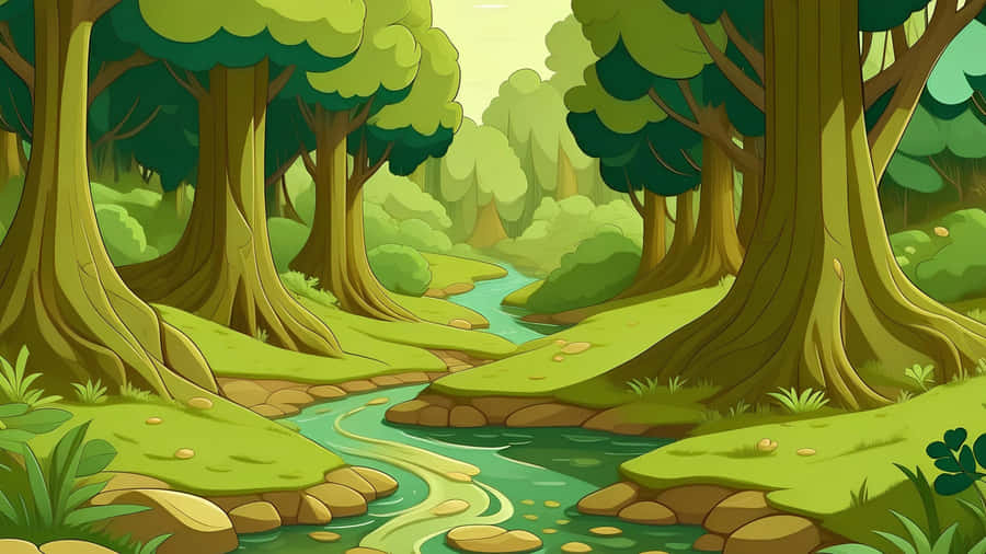 Cartoon Forest Stream Wallpaper