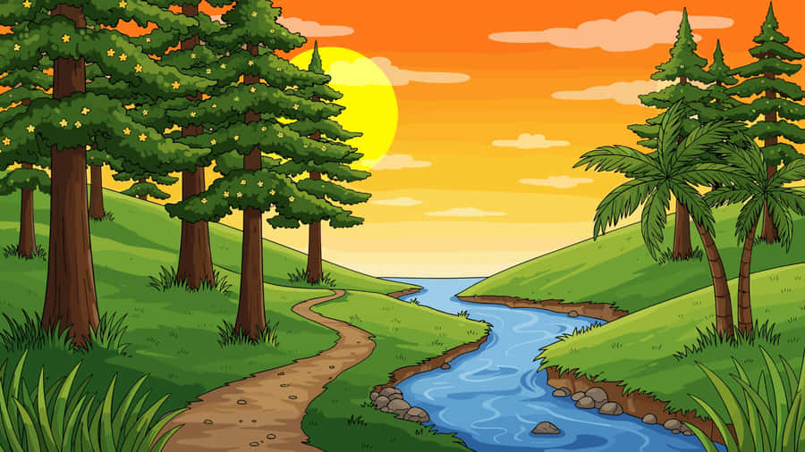 Cartoon Forest Sunset Wallpaper
