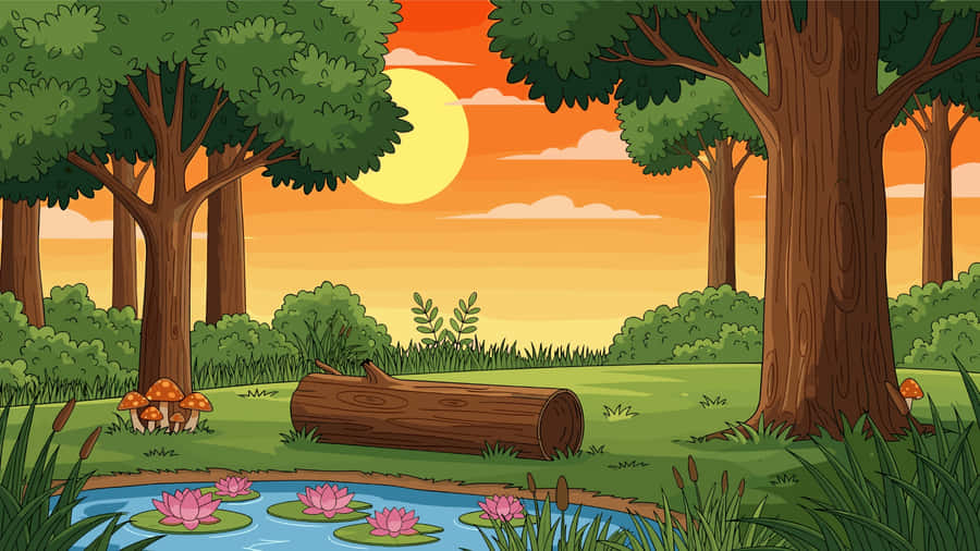 Cartoon Forest Sunset Scene Wallpaper