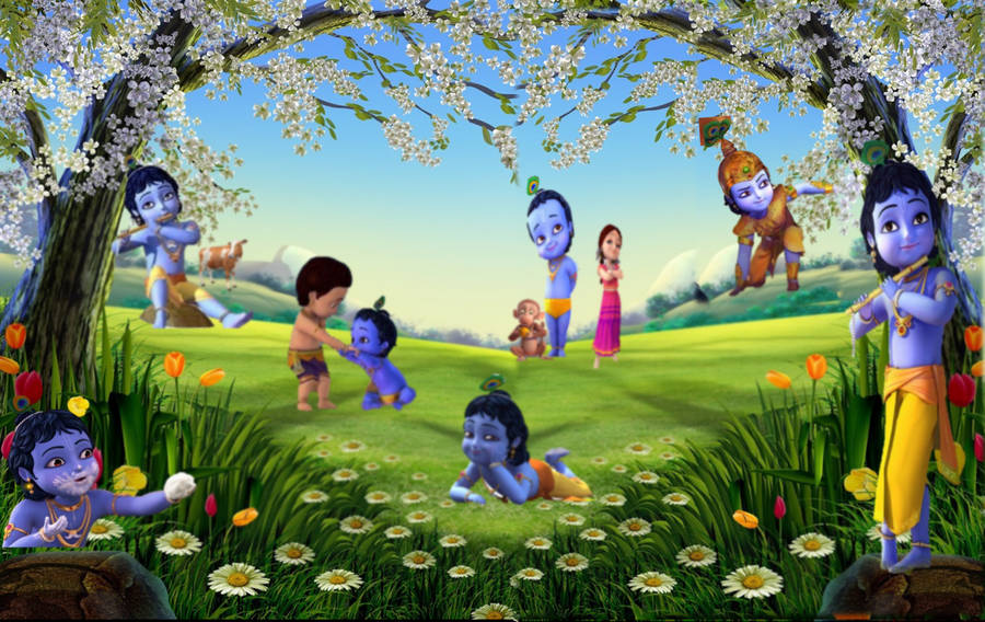 Cartoon Krishna Garden Background Wallpaper