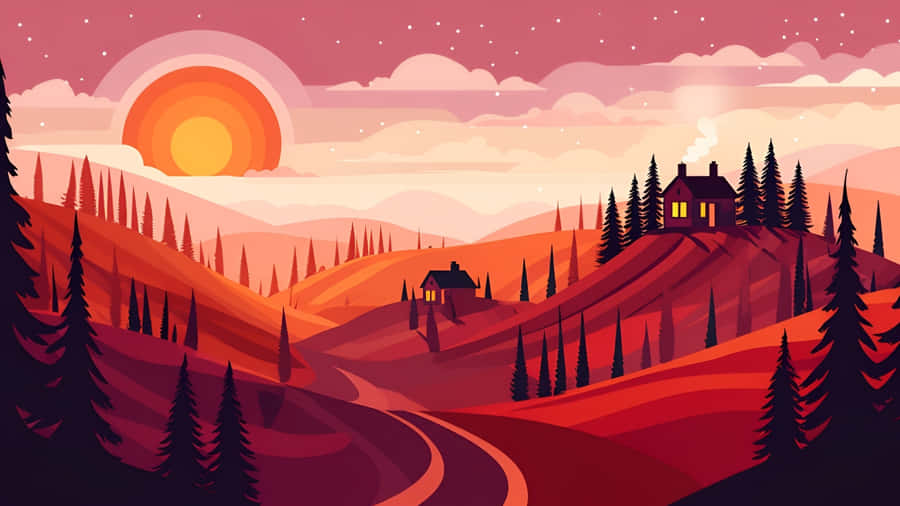 Cartoon Mountain Sunset Landscape Wallpaper
