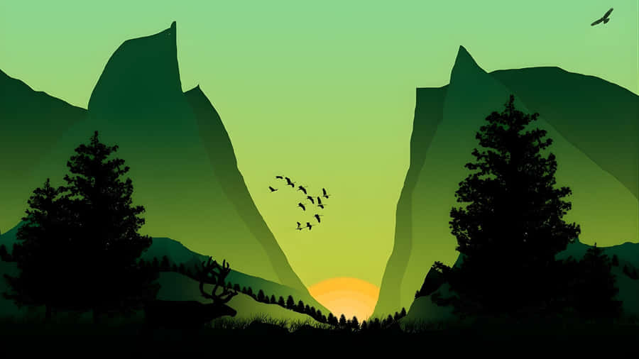 Cartoon Mountain Sunset Scene Wallpaper