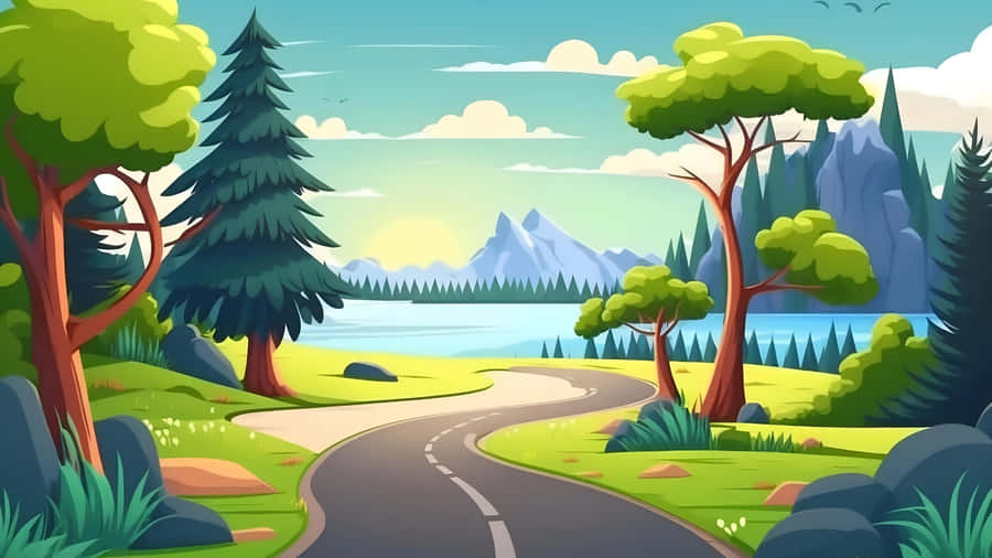 Cartoon Road Through Forest Wallpaper