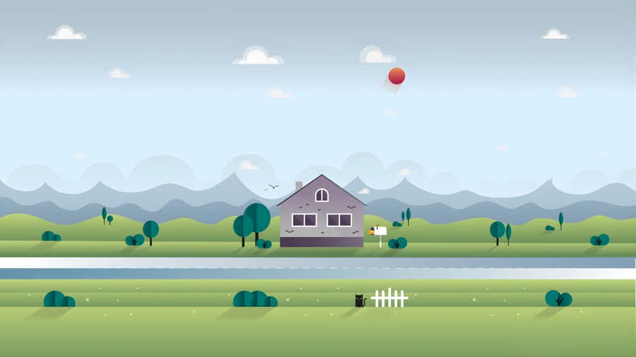 Cartoon Road With House Wallpaper