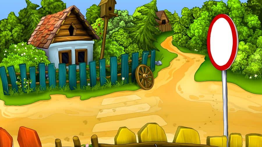 Cartoon Road With House Wallpaper