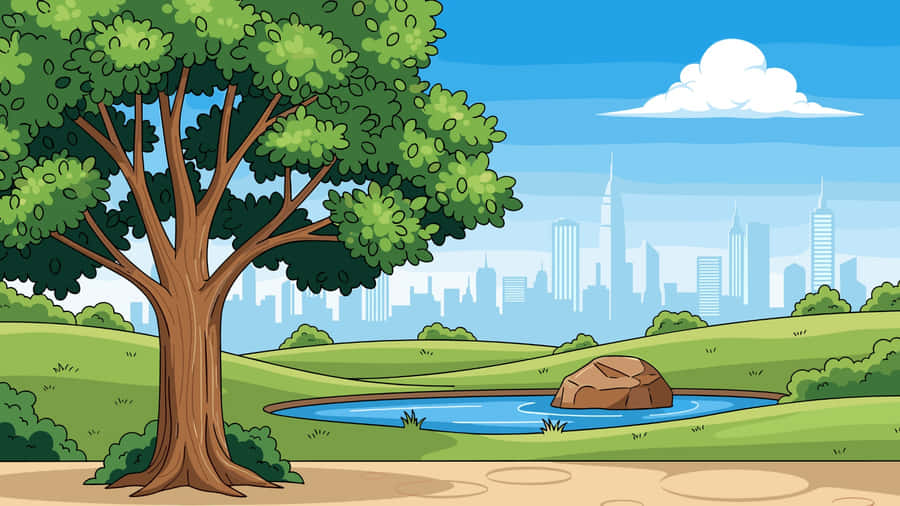 Cartoon Tree By City Park Wallpaper