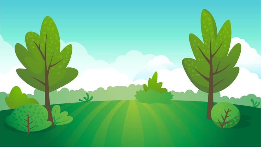 Cartoon Trees In Green Landscape Wallpaper