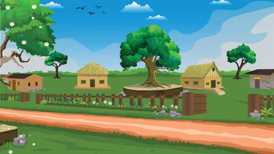 Cartoon Village Road Scene Wallpaper
