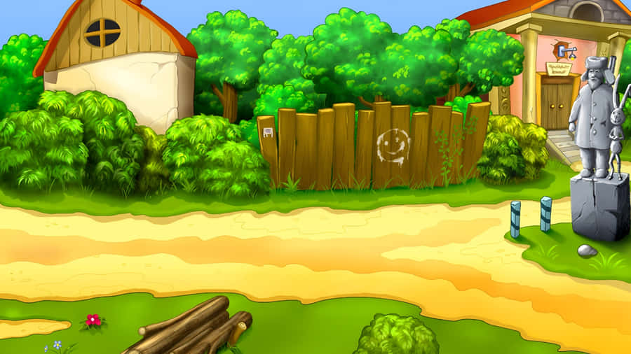 Cartoon Village Road Scene Wallpaper