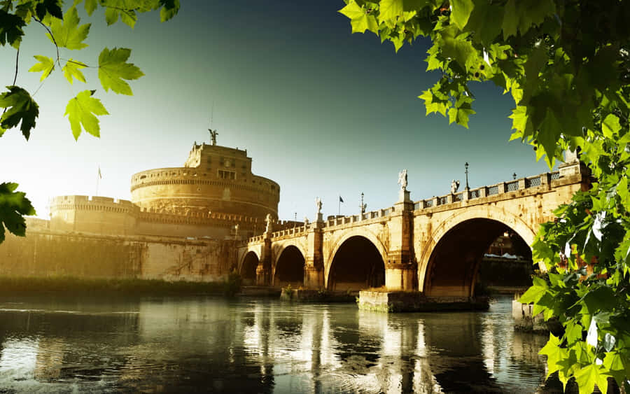 Castel Santangelo Framed With Leaves Wallpaper